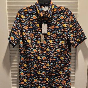 J. Crew Navy Short-Sleeve Button-Down with Multicolor Fish Print